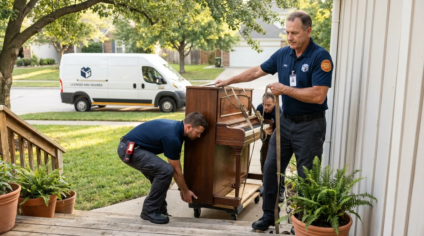 Licensed piano movers securing grand piano in Stevensville, MI