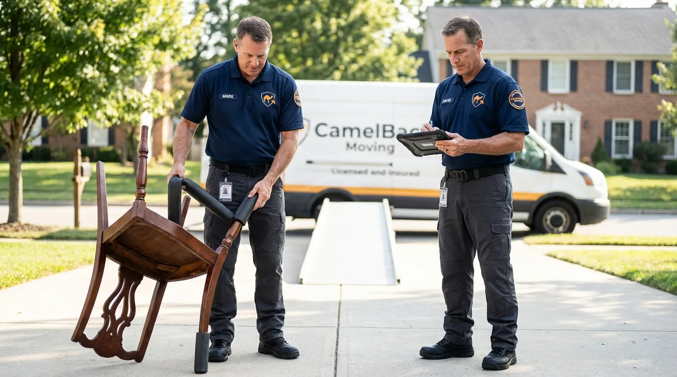 Movers inspecting furniture for damage prevention before loading in Stevensville, MI