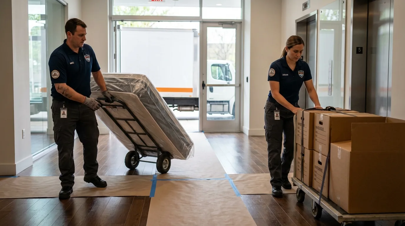 Professional apartment movers loading elevator in Stevensville, MI