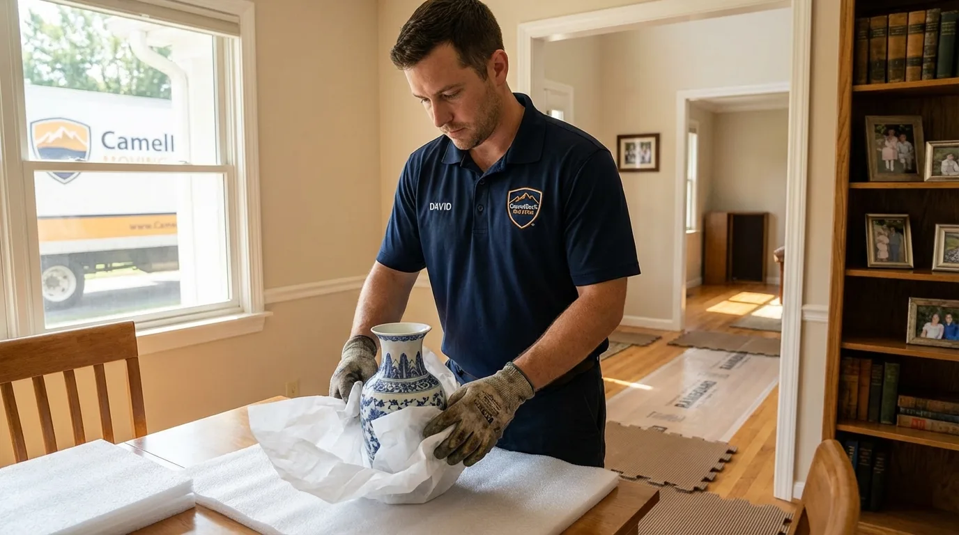 Professional crew carefully wrapping antique vase for senior downsizing move in Stevensville, MI