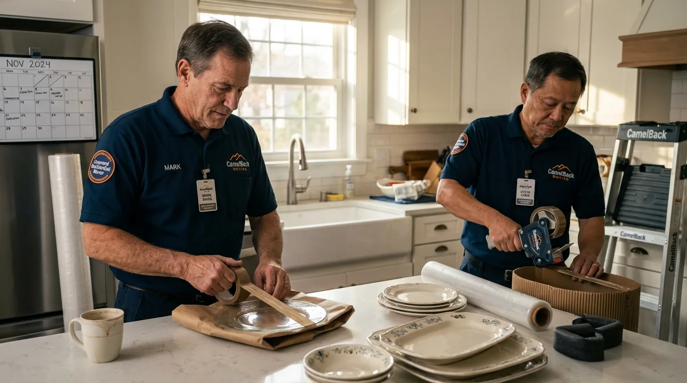 Professional crew packing kitchen dishware in Stevensville, MI